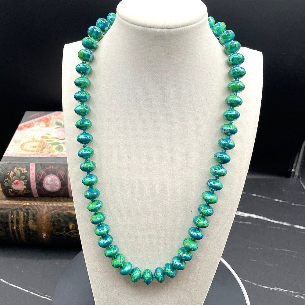 Vintage Green Classic Fashion Bezel Glass Chrysocolla Beaded Statement Necklace